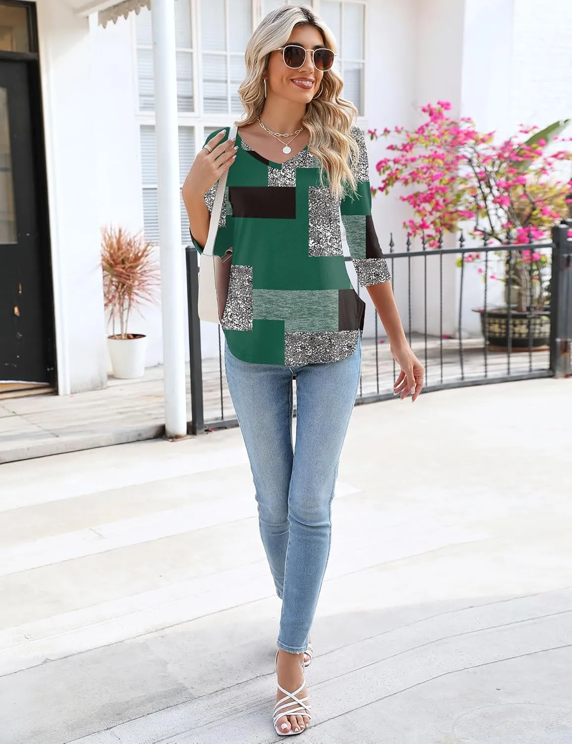 KTILG Women's V Neck T Shirts 3/4 Sleeve Blouse Summer Tops Dressy Casual Solid Basic Tees