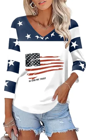 KTILG Women's V Neck T Shirts 3/4 Sleeve Blouse Summer Tops Dressy Casual Solid Basic Tees