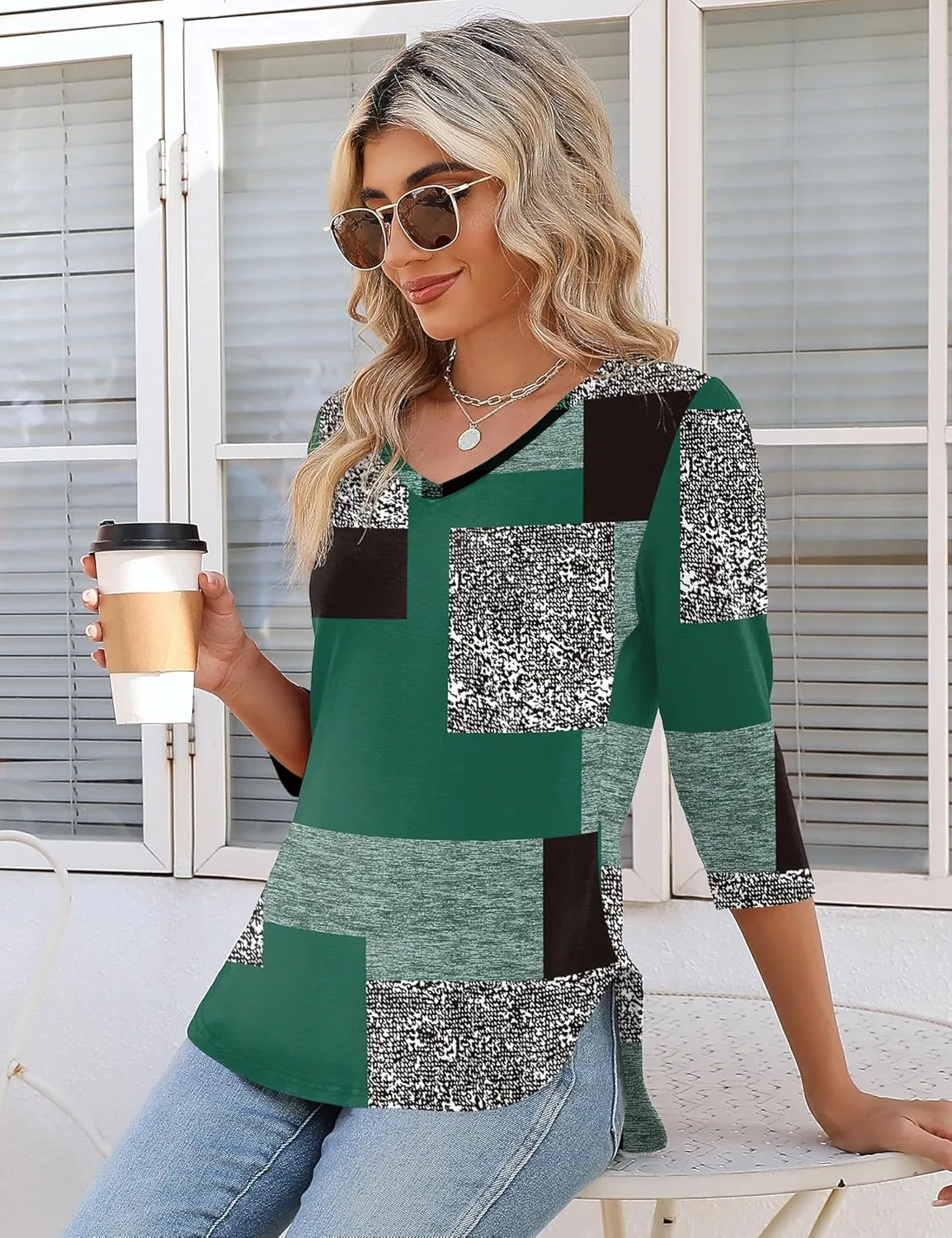 KTILG Women's V Neck T Shirts 3/4 Sleeve Blouse Summer Tops Dressy Casual Solid Basic Tees