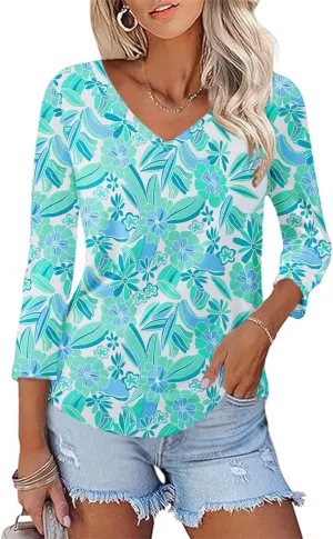KTILG Women's V Neck T Shirts 3/4 Sleeve Blouse Summer Tops Dressy Casual Solid Basic Tees