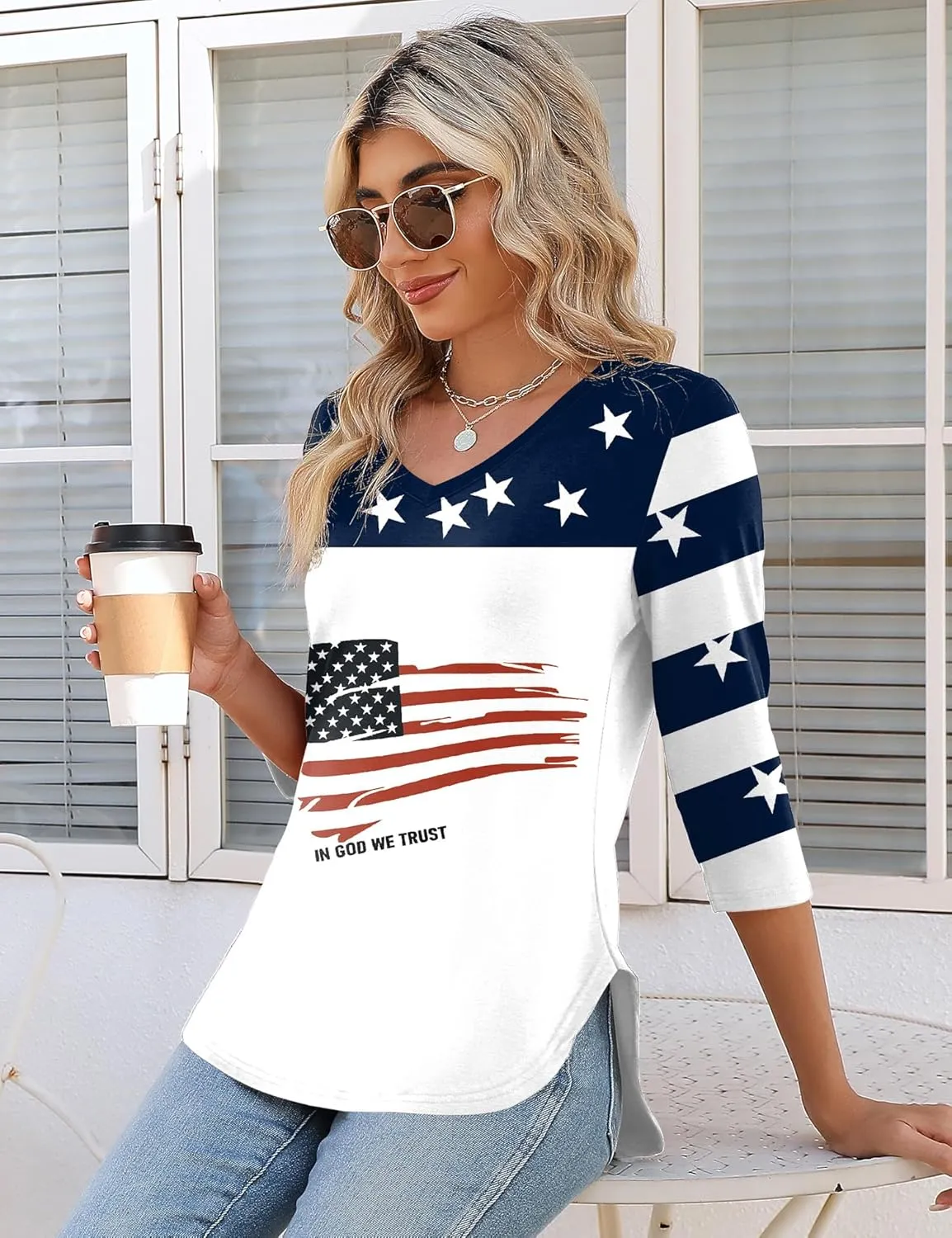 KTILG Women's V Neck T Shirts 3/4 Sleeve Blouse Summer Tops Dressy Casual Solid Basic Tees