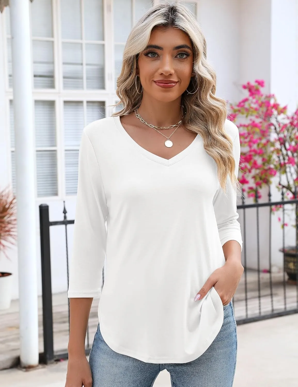 KTILG Women's V Neck T Shirts 3/4 Sleeve Blouse Summer Tops Dressy Casual Solid Basic Tees