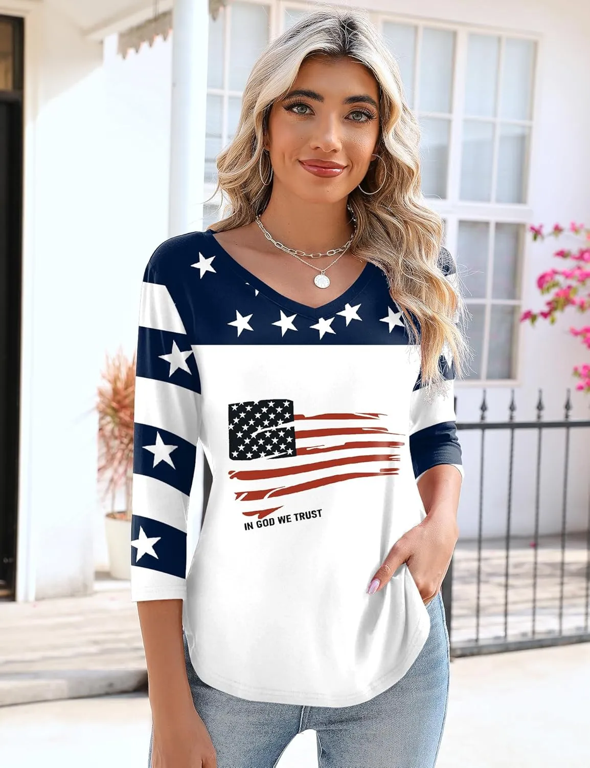 KTILG Women's V Neck T Shirts 3/4 Sleeve Blouse Summer Tops Dressy Casual Solid Basic Tees