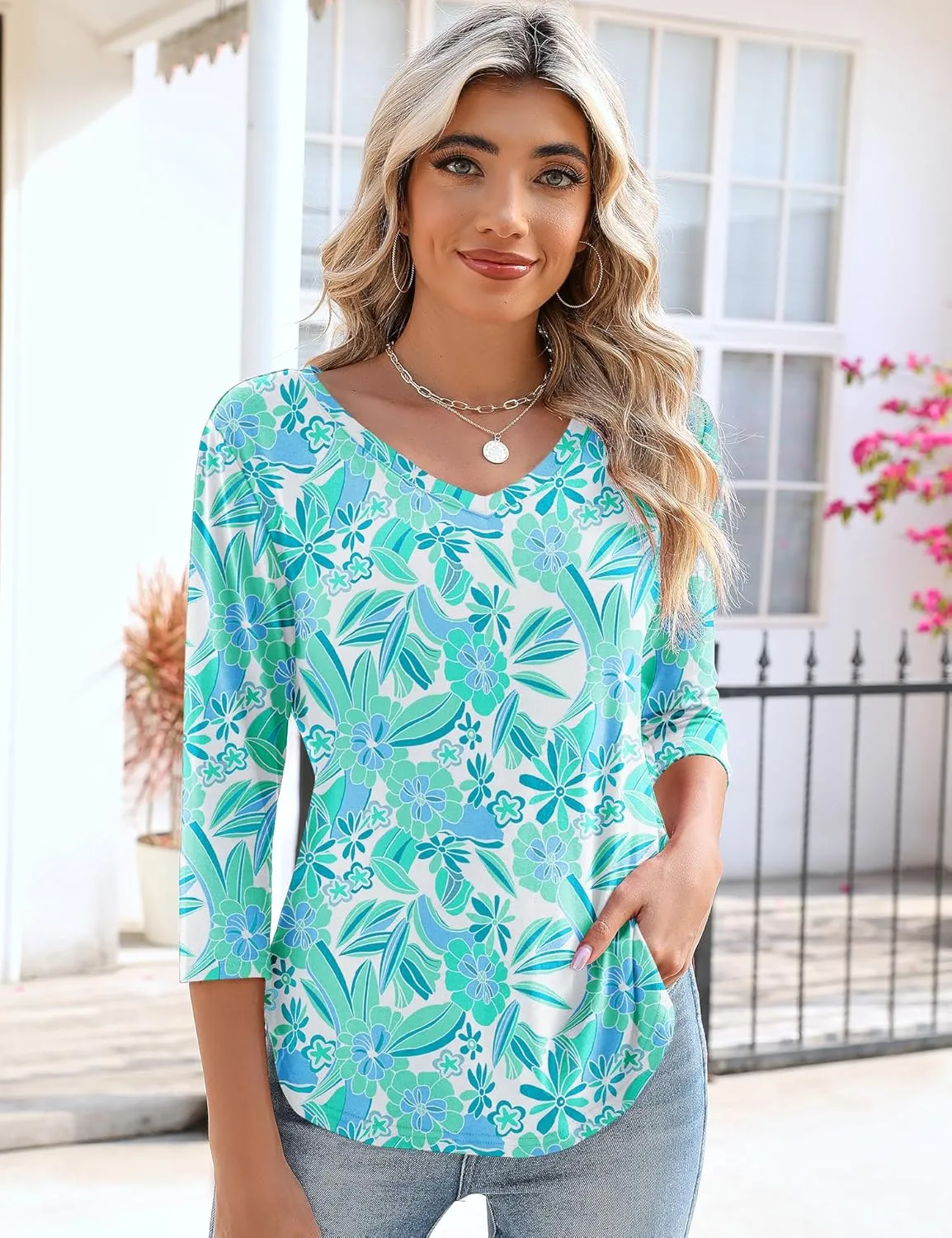 KTILG Women's V Neck T Shirts 3/4 Sleeve Blouse Summer Tops Dressy Casual Solid Basic Tees