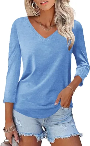 KTILG Women's V Neck T Shirts 3/4 Sleeve Blouse Summer Tops Dressy Casual Solid Basic Tees