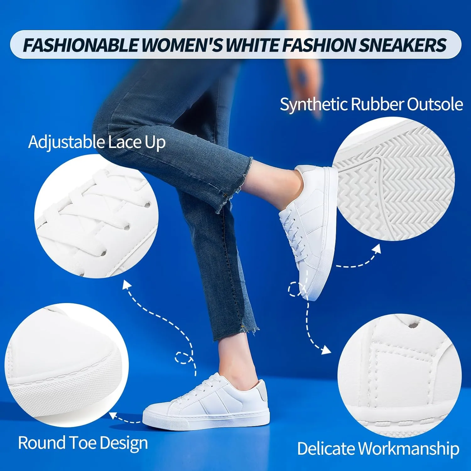 kufeiti White PU Leather Sneakers for Women Low Top Lace Up Tennis Shoes Women's Fashion Casual Shoes Sneakers