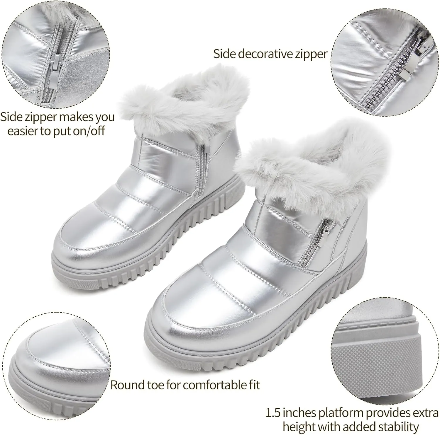 kufeiti Women's Waterproof Fall Winter Snow Boots Platform Fur Lined Ankle Boots for Women with Side Zipper Non Slip Outdoor Work Boots