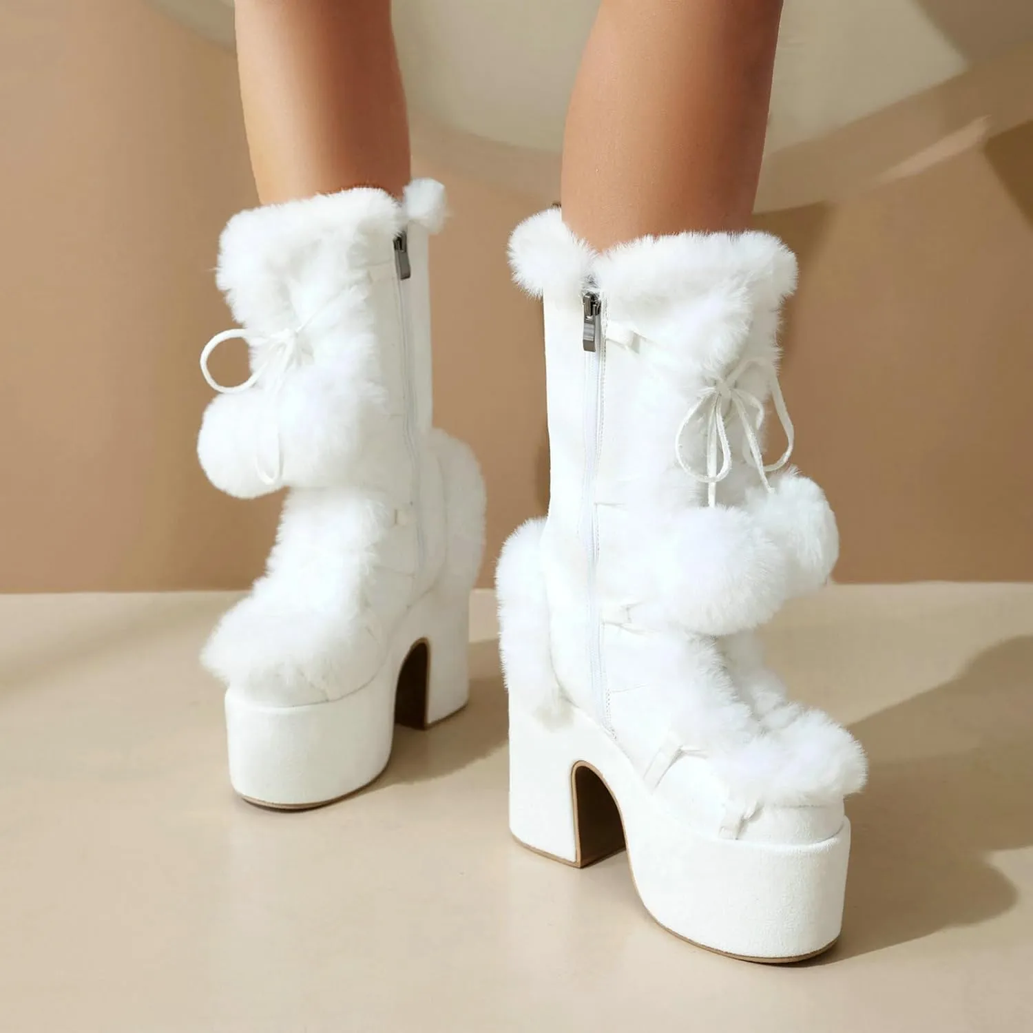 KysBloes Women Fluffy Faux Fur Boots Mid Calf Platform Boots Chunky High Heel Lace Up Winter Boots Warm Long Fur Boots for Ladies