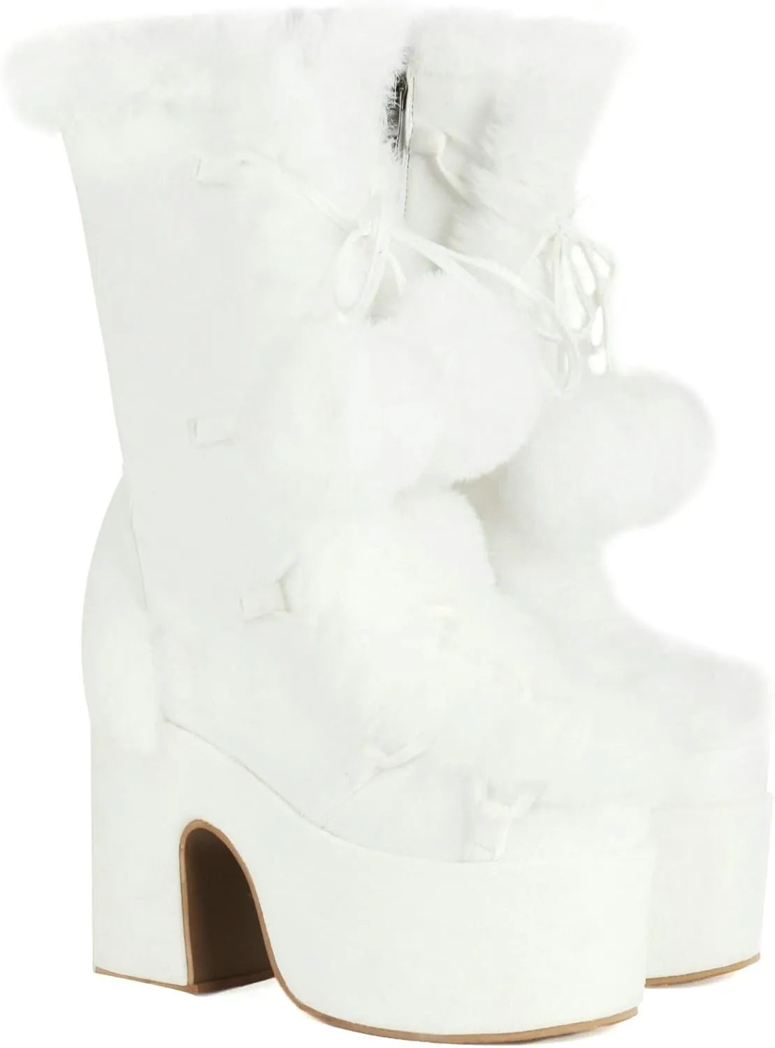 KysBloes Women Fluffy Faux Fur Boots Mid Calf Platform Boots Chunky High Heel Lace Up Winter Boots Warm Long Fur Boots for Ladies