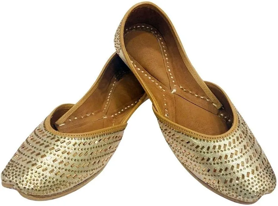 Ladies Golden Punjabi Jutti Ethnic Mojari Handmade Rajasthani Jooti