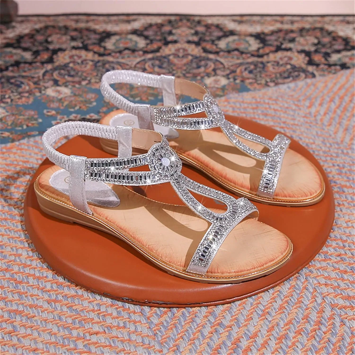 Ladies Summer Fashion Hollow Rhinestone Flat Bottom Bohemian Comfortable Large Size Womens Leopard Print Sandals Size 8