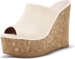 LAICIGO Womens Wedge Platform Slide on Sandals Open Toe Cork Faux Suede Dress Summer Slippers Shoes