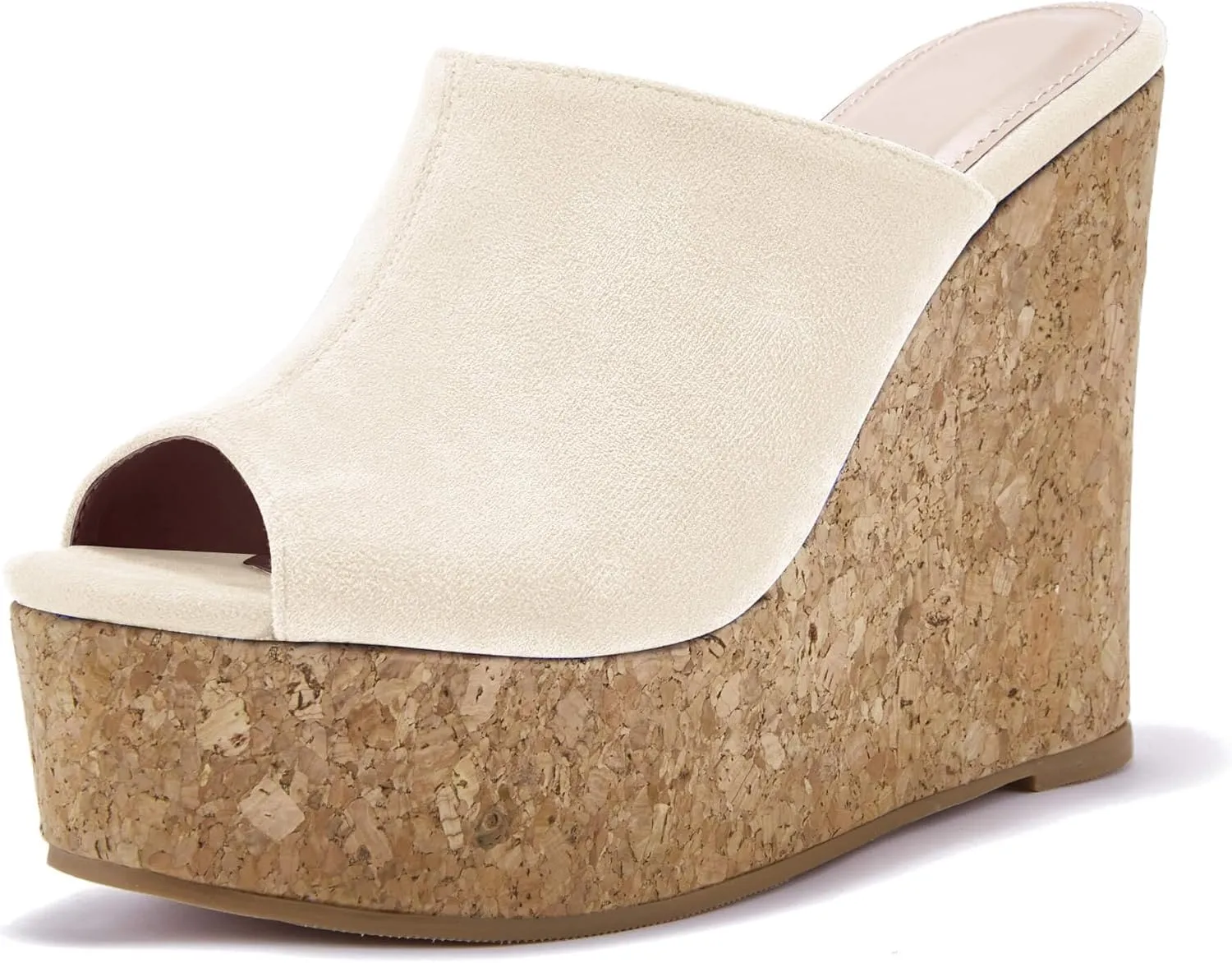 LAICIGO Womens Wedge Platform Slide on Sandals Open Toe Cork Faux Suede Dress Summer Slippers Shoes