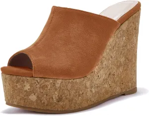 LAICIGO Womens Wedge Platform Slide on Sandals Open Toe Cork Faux Suede Dress Summer Slippers Shoes