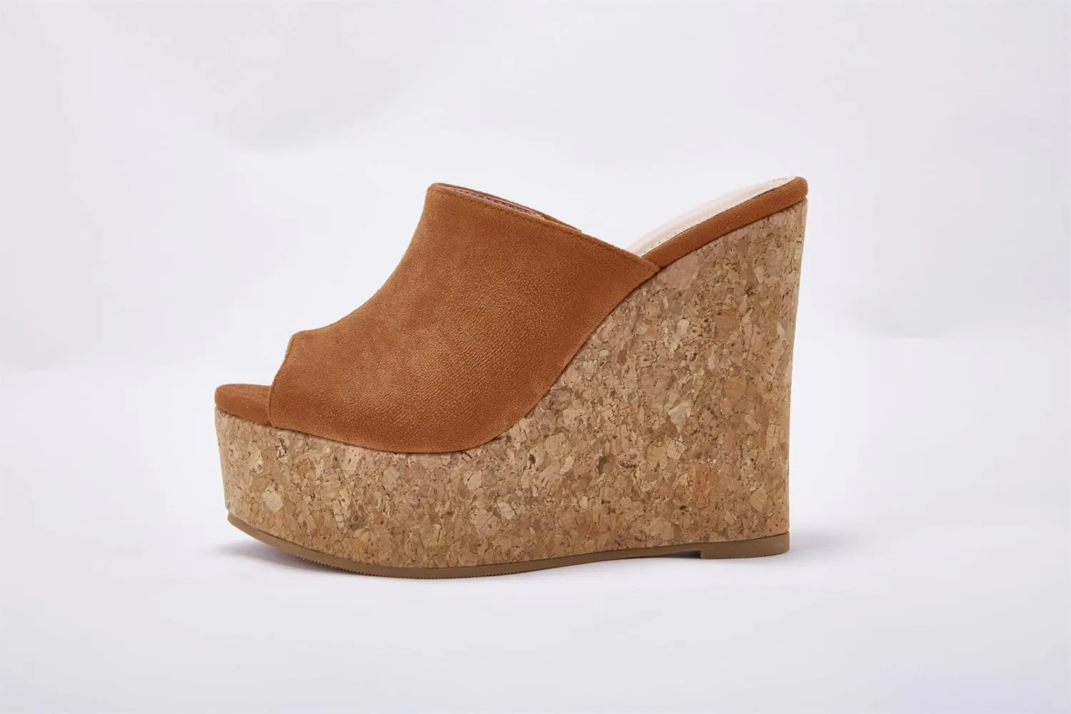 LAICIGO Womens Wedge Platform Slide on Sandals Open Toe Cork Faux Suede Dress Summer Slippers Shoes