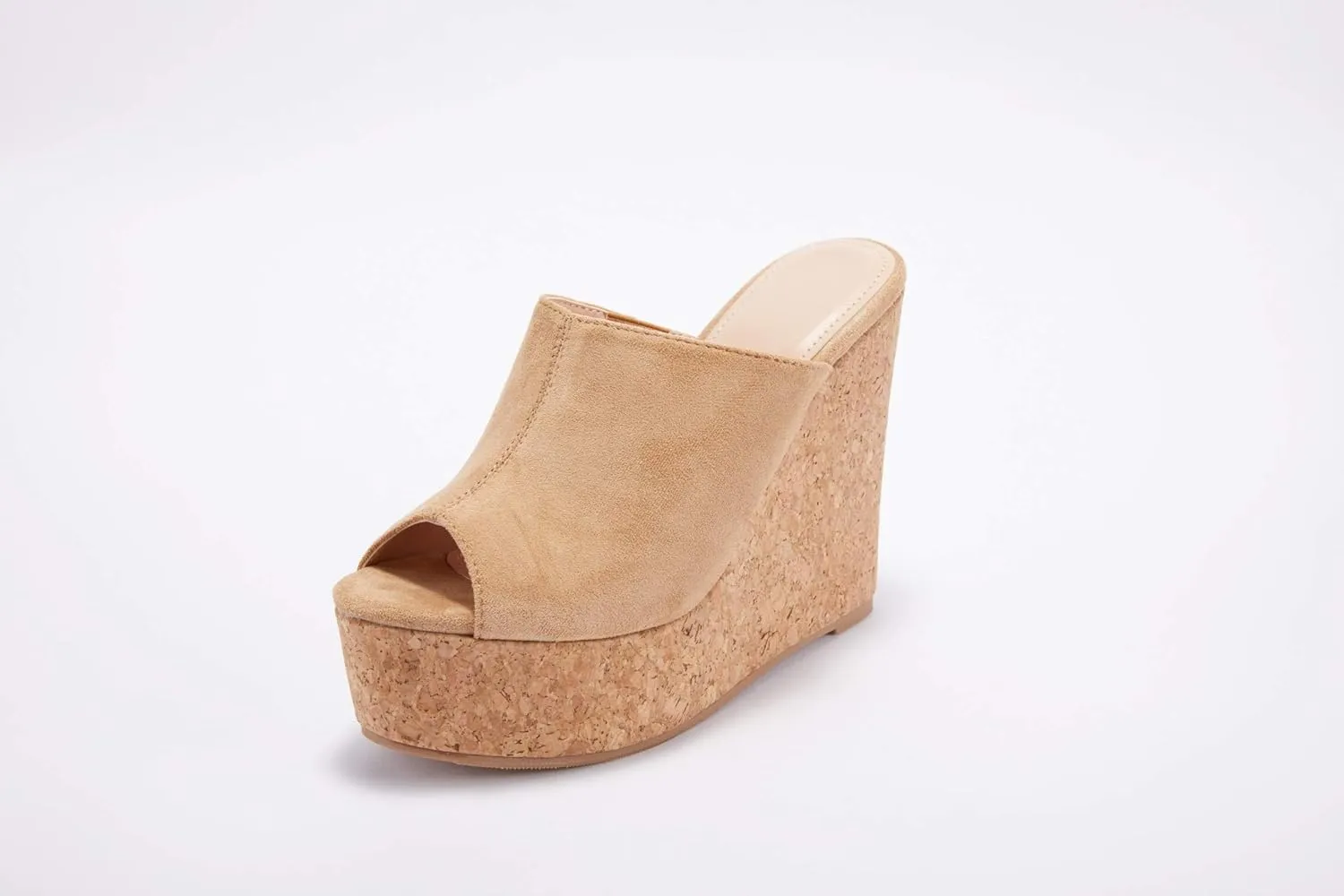 LAICIGO Womens Wedge Platform Slide on Sandals Open Toe Cork Faux Suede Dress Summer Slippers Shoes