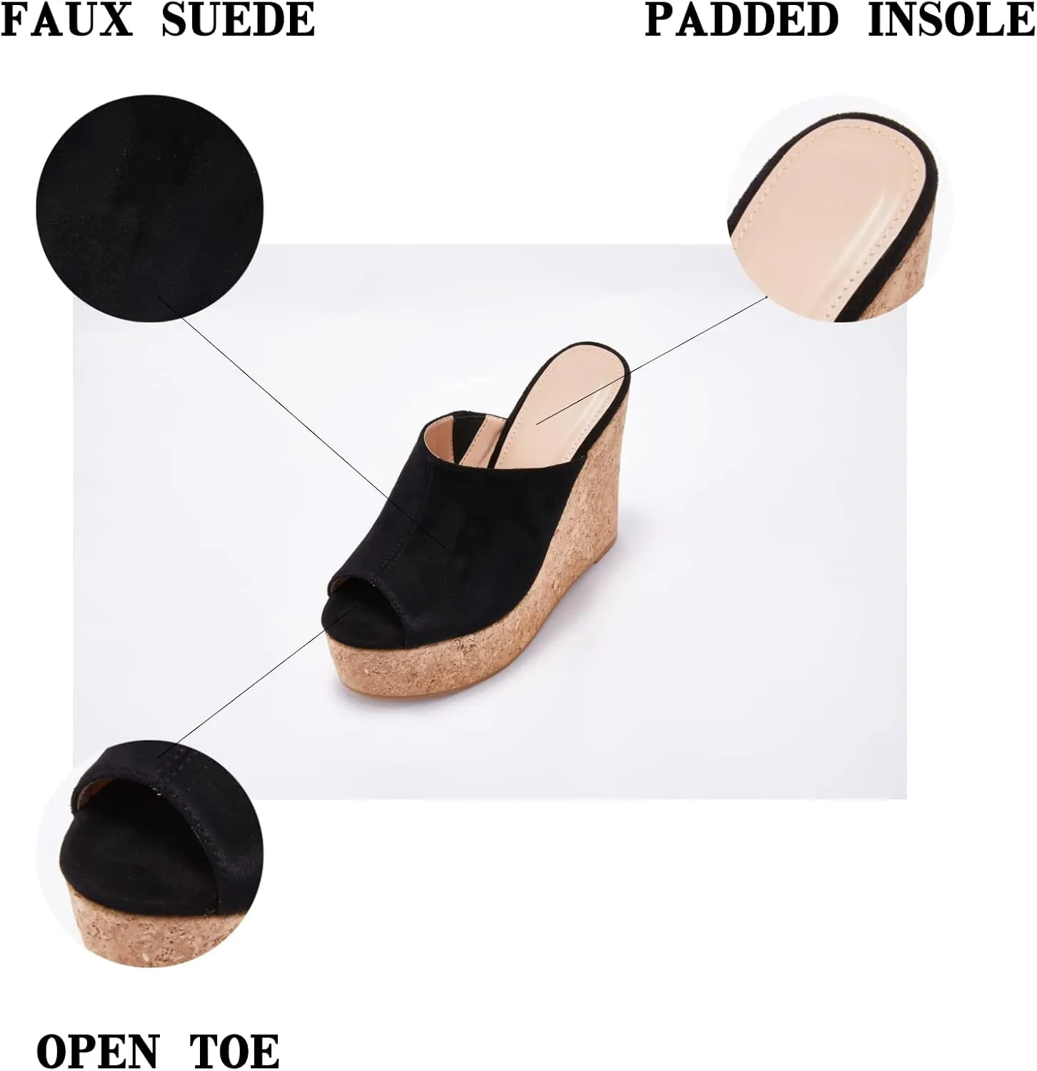 LAICIGO Womens Wedge Platform Slide on Sandals Open Toe Cork Faux Suede Dress Summer Slippers Shoes