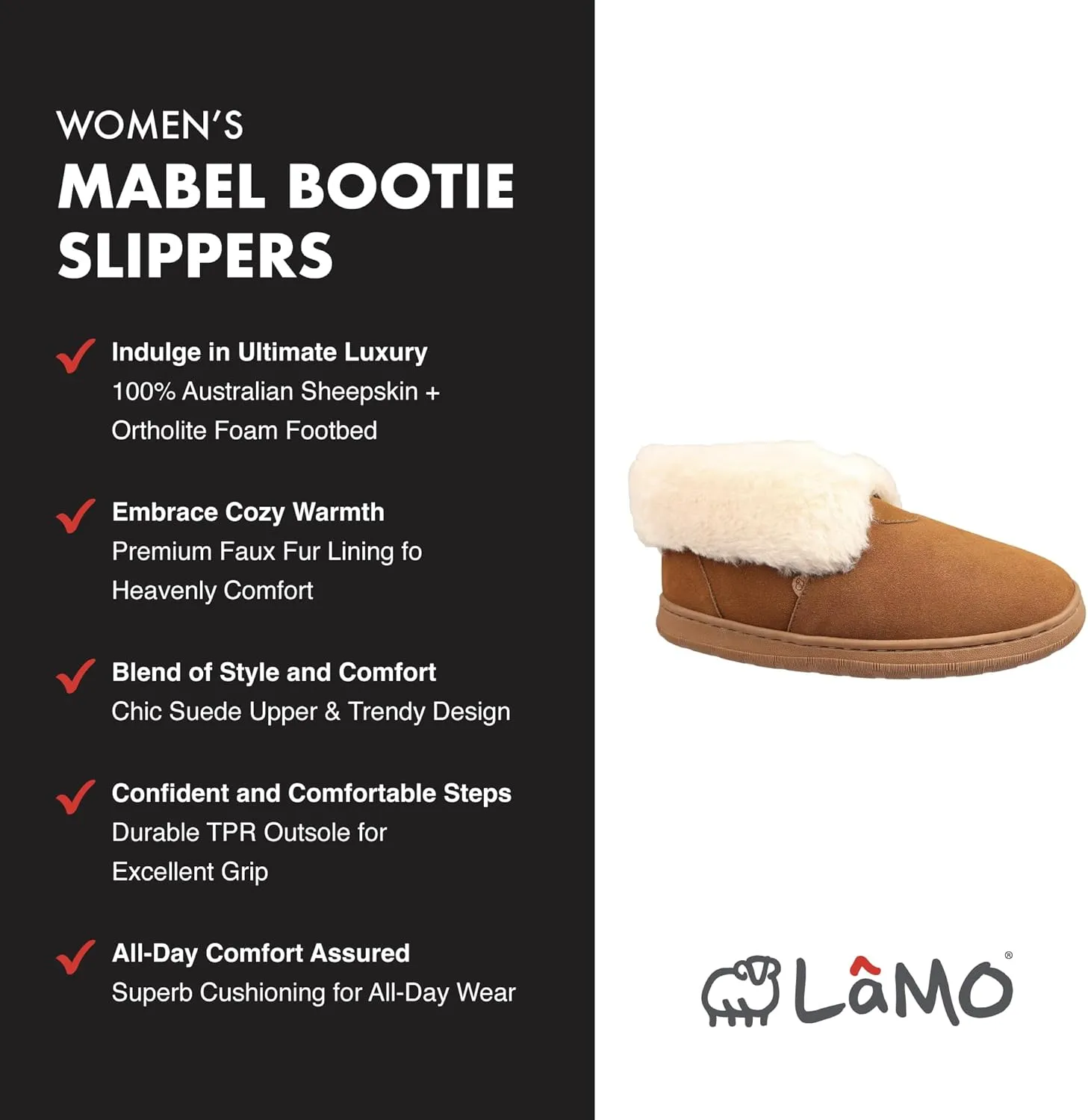 Lamo Women's Mabel Bootie Slippers For Women - Premium Suede Upper, Luxurious Faux Fur Lining, Ortholite Foam Footbed with Australian Sheepskin, NEW Upgraded Women's Bootie