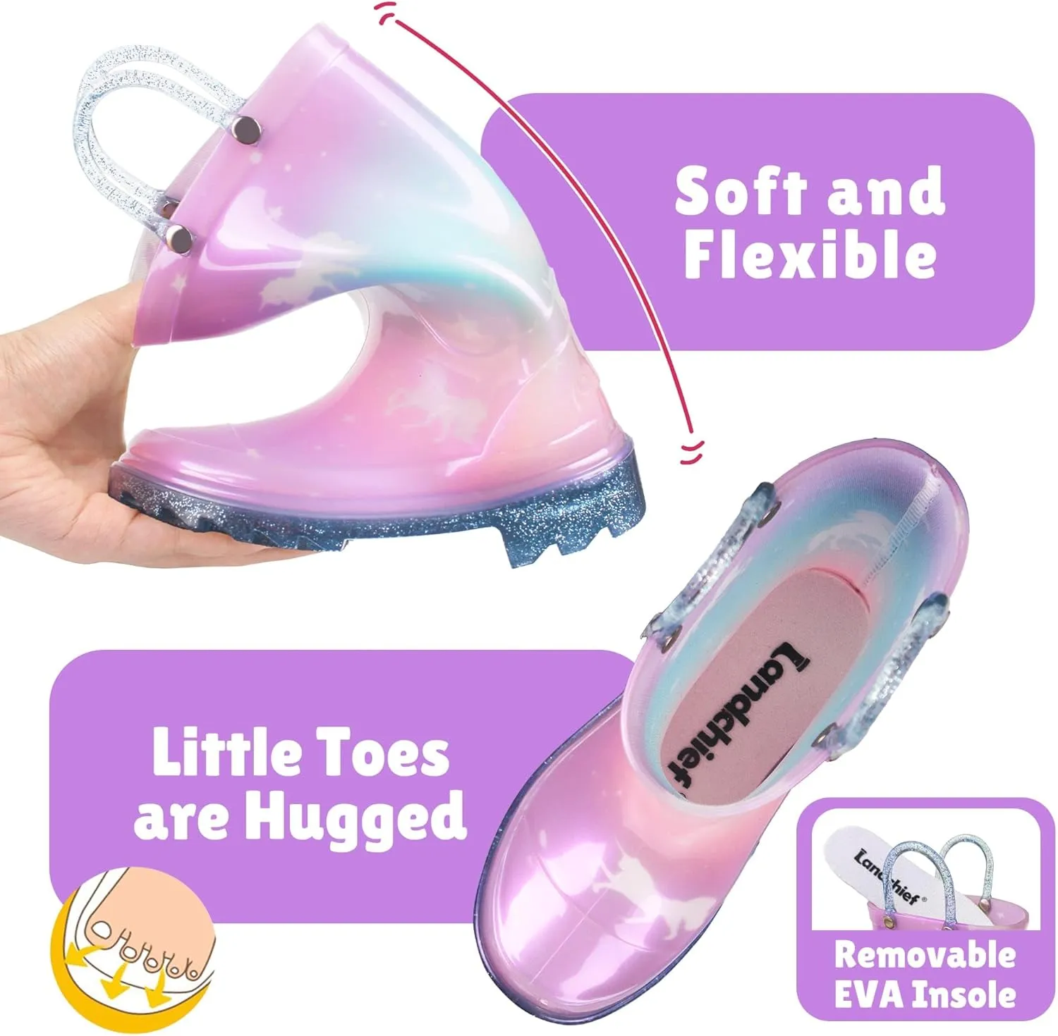 landchief Toddler Rain Boots Kids Waterproof Boots for Boys Girls with Easy-on Handles Outdoor Unisex-Child