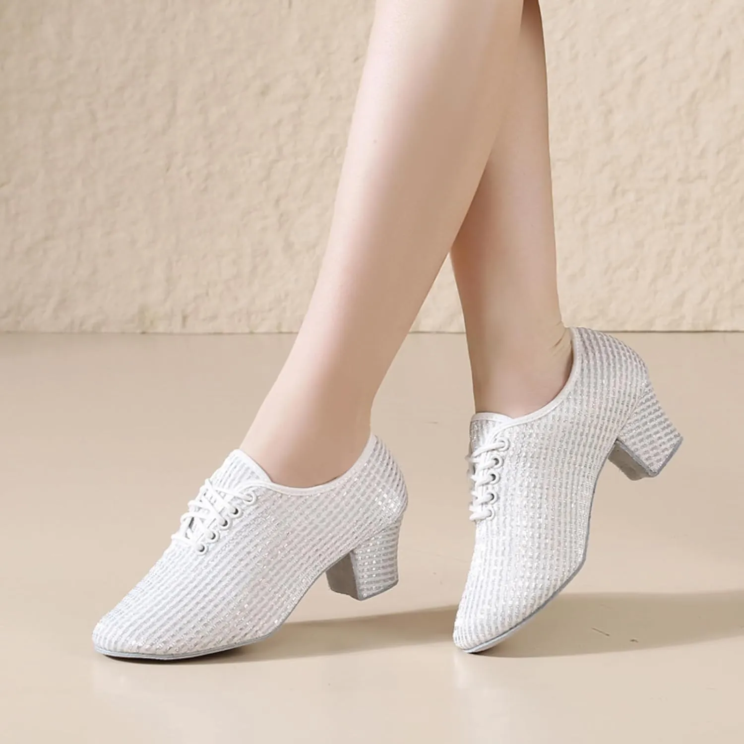 Leisure Women's Mesh Soft Sole Solid Color Non Slip Square Heels Lace Up Round Toe Breathable Dancing Lady Casual Top