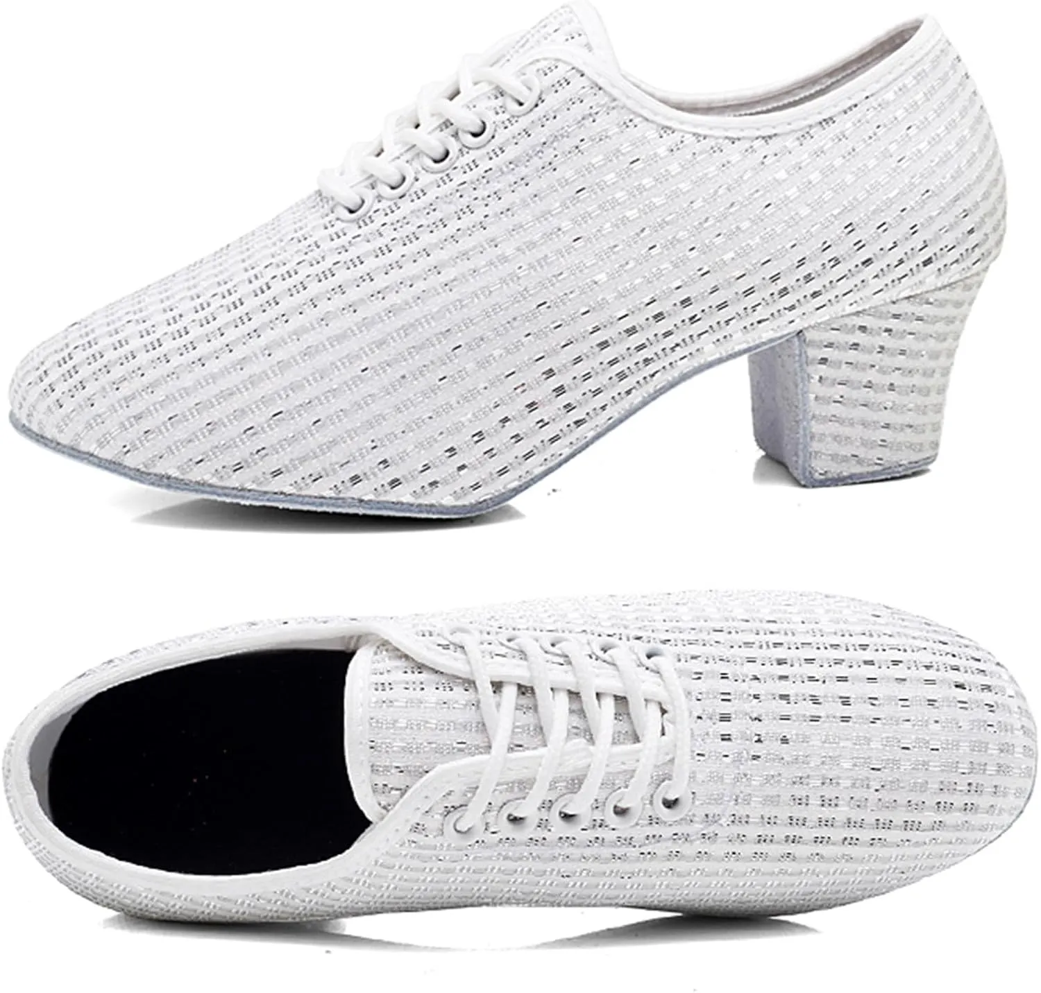 Leisure Women's Mesh Soft Sole Solid Color Non Slip Square Heels Lace Up Round Toe Breathable Dancing Lady Casual Top
