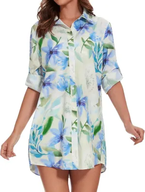 Lightbare Women’s UPF 50  Button Down Shirt Dress Collared Long Sleeve Blouse Swimsuit Coverup Boyfriend Shirts Loose Fit