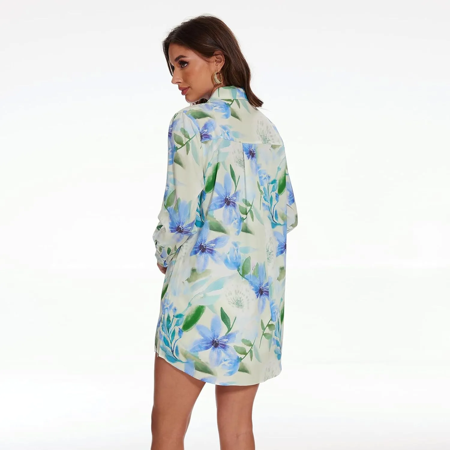 Lightbare Women’s UPF 50  Button Down Shirt Dress Collared Long Sleeve Blouse Swimsuit Coverup Boyfriend Shirts Loose Fit