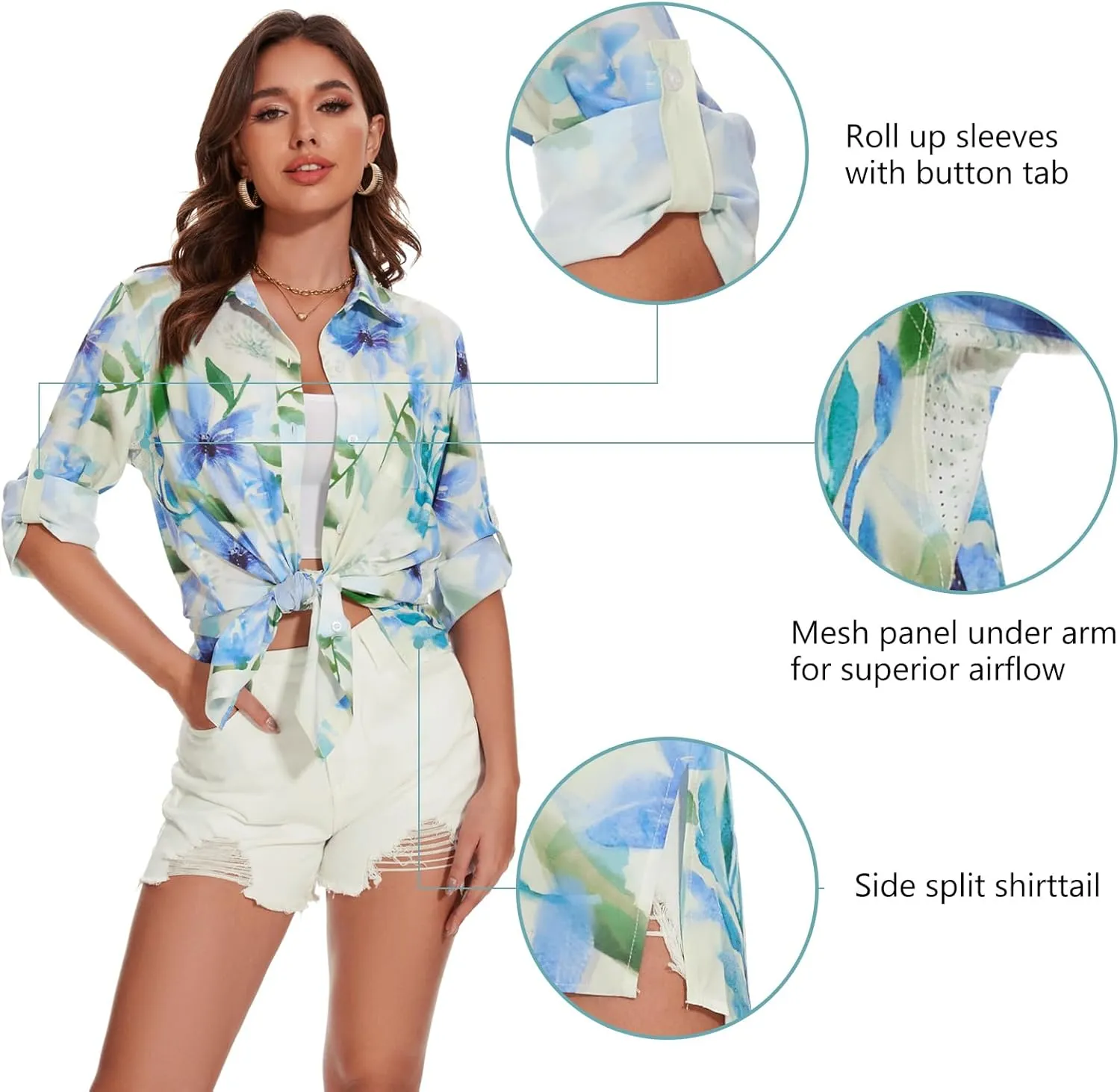 Lightbare Women’s UPF 50  Button Down Shirt Dress Collared Long Sleeve Blouse Swimsuit Coverup Boyfriend Shirts Loose Fit