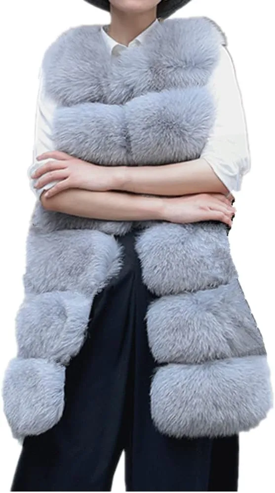 Lisa Colly Women's Faux Fox Fur Coat Jacket Winter Sleeveless Faux Fur Vest Outwear