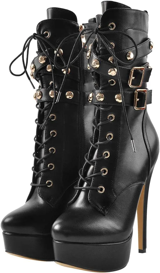 LISHAN Women's Mid-calf Platform Lace Up Straps Stiletto Ankle Boots