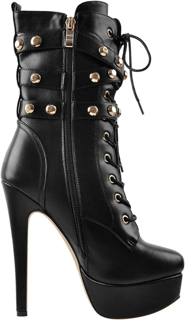 LISHAN Women's Mid-calf Platform Lace Up Straps Stiletto Ankle Boots