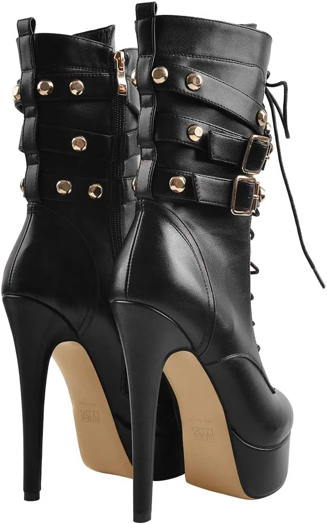 LISHAN Women's Mid-calf Platform Lace Up Straps Stiletto Ankle Boots