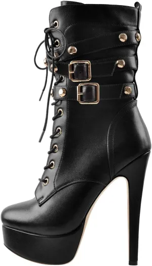 LISHAN Women's Mid-calf Platform Lace Up Straps Stiletto Ankle Boots