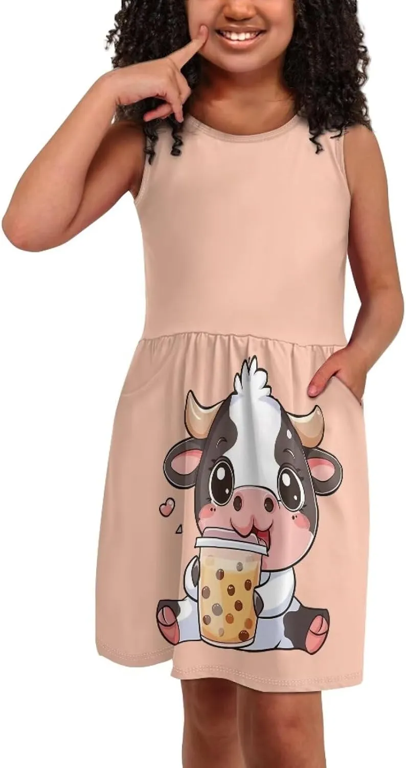 Little Girl Sleeveless Dress Comfy Sundress with Pockets for Kids Girls 4-14 Years Old