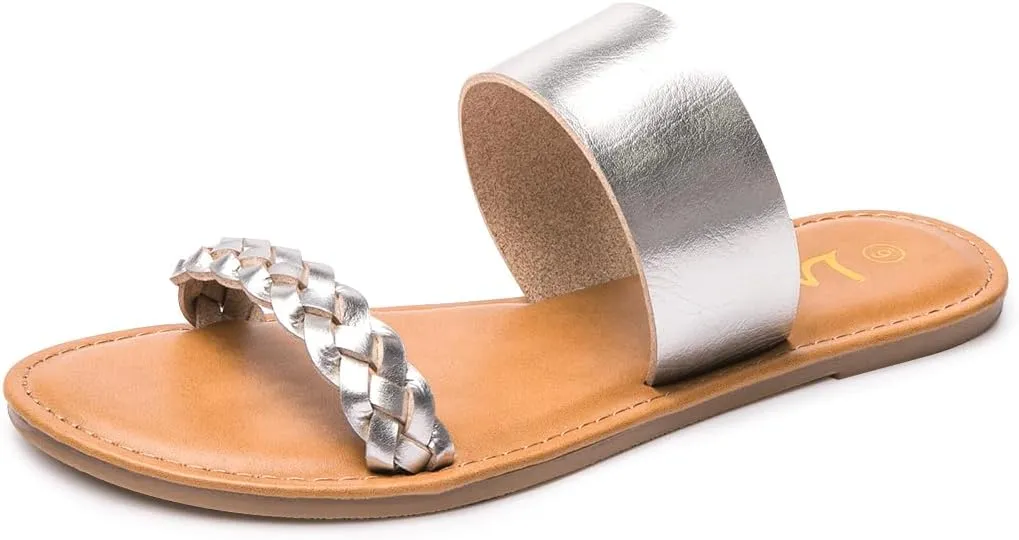 LM Women's Braided Slide Sandals Open Toe Two Band Slip On Flat Sandals Casual Summer Sandals