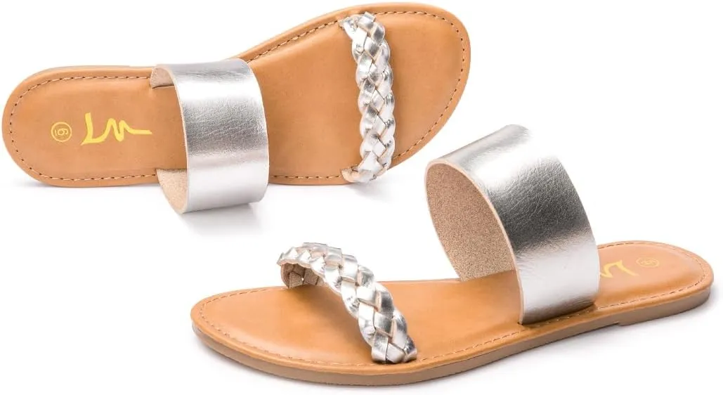 LM Women's Braided Slide Sandals Open Toe Two Band Slip On Flat Sandals Casual Summer Sandals