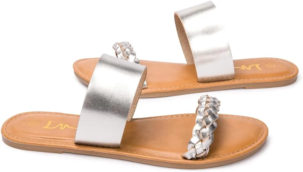 LM Women's Braided Slide Sandals Open Toe Two Band Slip On Flat Sandals Casual Summer Sandals