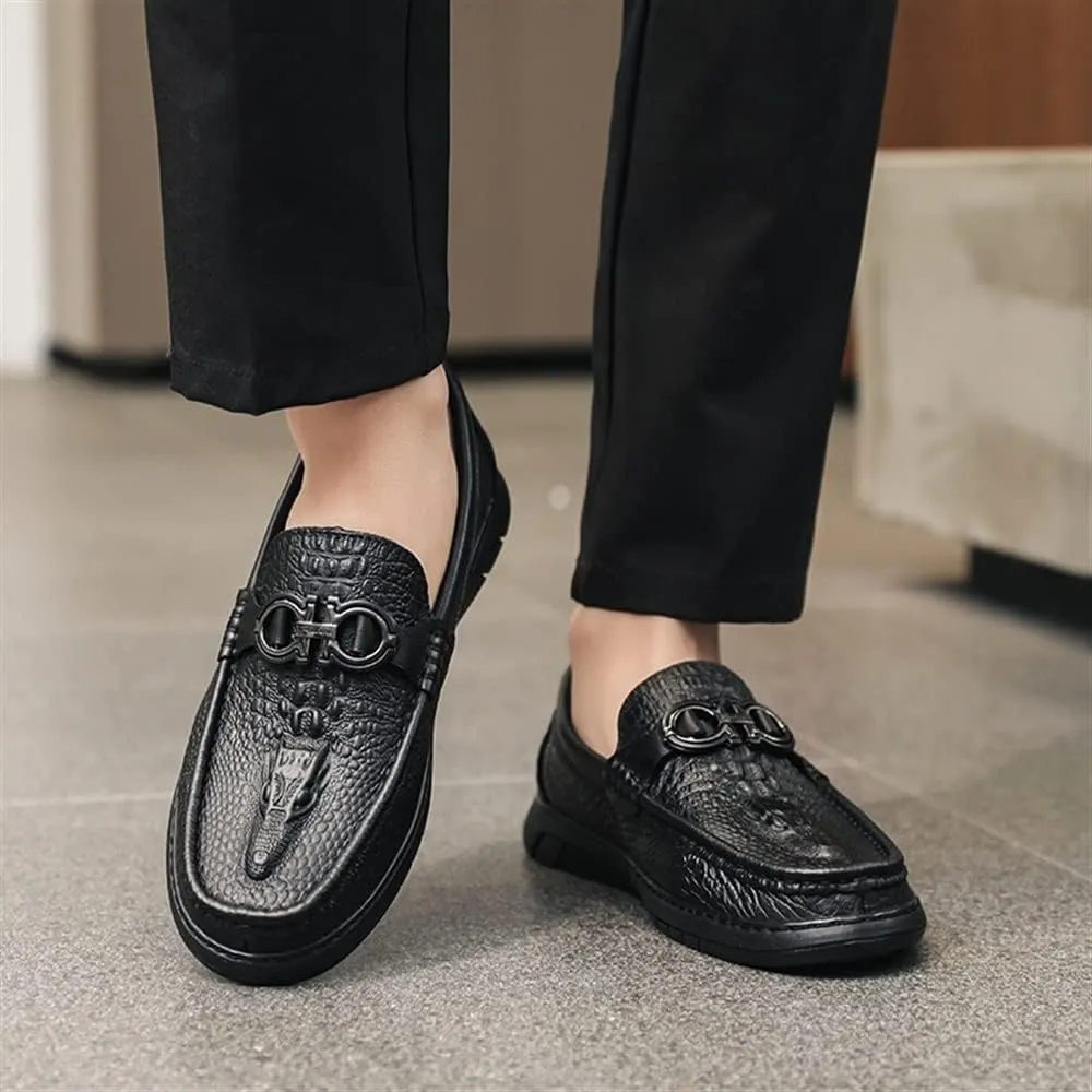 Loafers for Men Round Toe Faux Crocodile Print Slip On Leather Anti-Slip Comfortable Resistant Classic Prom Slip On