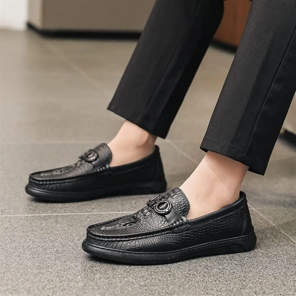 Loafers for Men Round Toe Faux Crocodile Print Slip On Leather Anti-Slip Comfortable Resistant Classic Prom Slip On