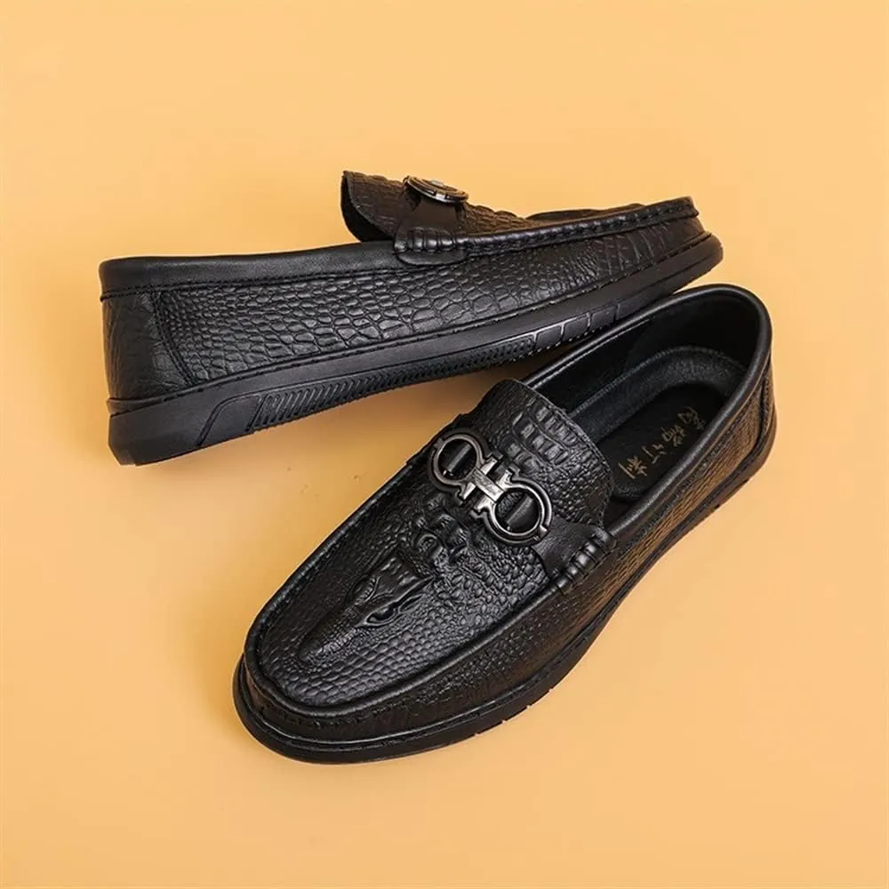 Loafers for Men Round Toe Faux Crocodile Print Slip On Leather Anti-Slip Comfortable Resistant Classic Prom Slip On