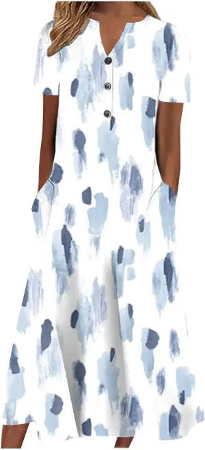 LOAIHA Women's Boho Colorful Crewneck Floral Print Maxi Dresses Casual Short Sleeve Summer Beach Dress with Pockets 2024