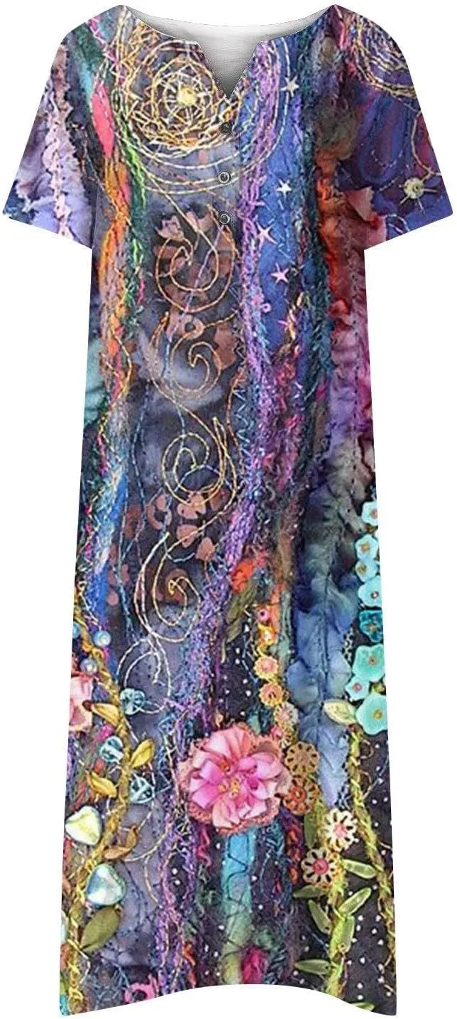 LOAIHA Women's Boho Colorful Crewneck Floral Print Maxi Dresses Casual Short Sleeve Summer Beach Dress with Pockets 2024