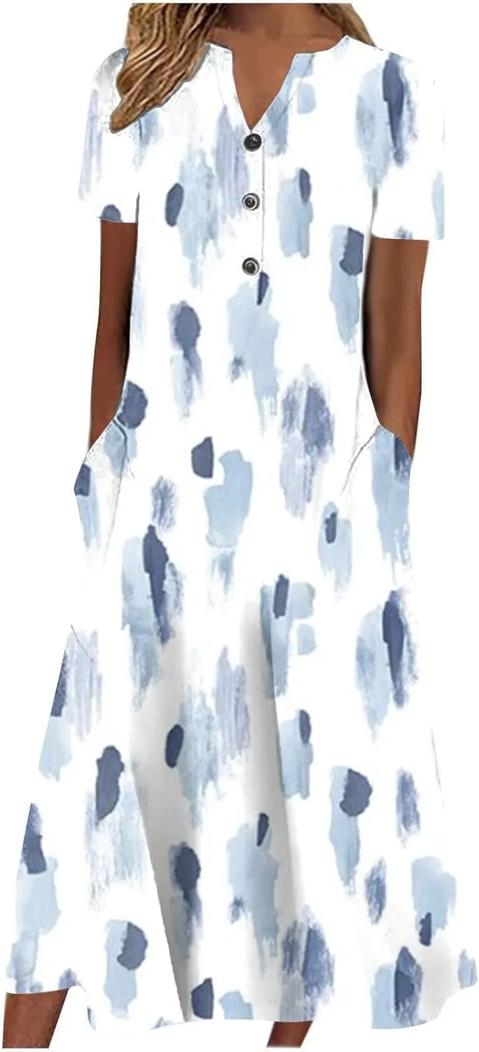 LOAIHA Women's Boho Colorful Crewneck Floral Print Maxi Dresses Casual Short Sleeve Summer Beach Dress with Pockets 2024