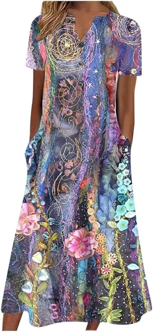 LOAIHA Women's Boho Colorful Crewneck Floral Print Maxi Dresses Casual Short Sleeve Summer Beach Dress with Pockets 2024
