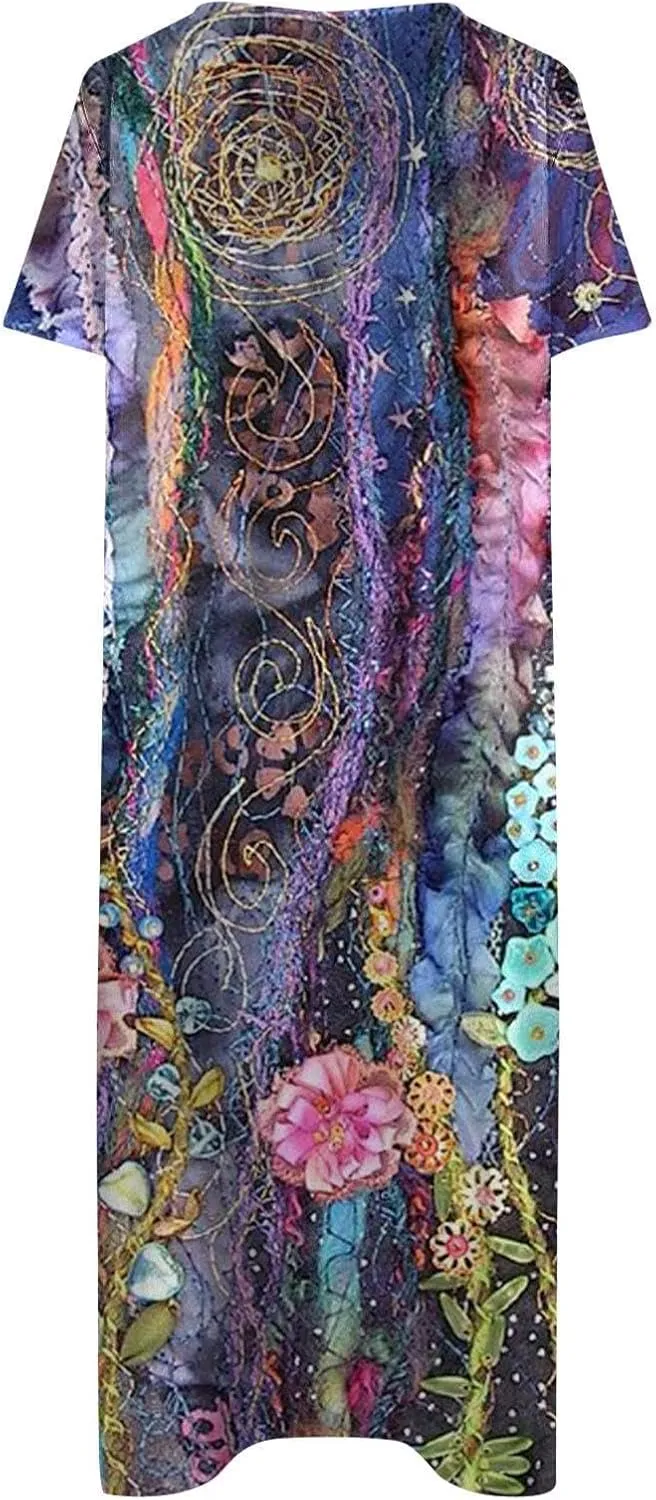 LOAIHA Women's Boho Colorful Crewneck Floral Print Maxi Dresses Casual Short Sleeve Summer Beach Dress with Pockets 2024