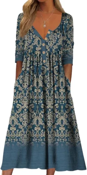 LOAIHA Women's Short Sleeve Boho Floral Print Maxi Dress Summer V Neck Casual Loose Dress with Pockets