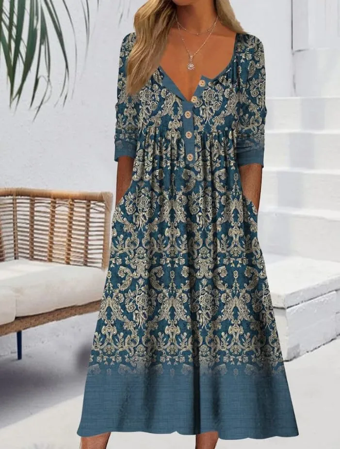 LOAIHA Women's Short Sleeve Boho Floral Print Maxi Dress Summer V Neck Casual Loose Dress with Pockets