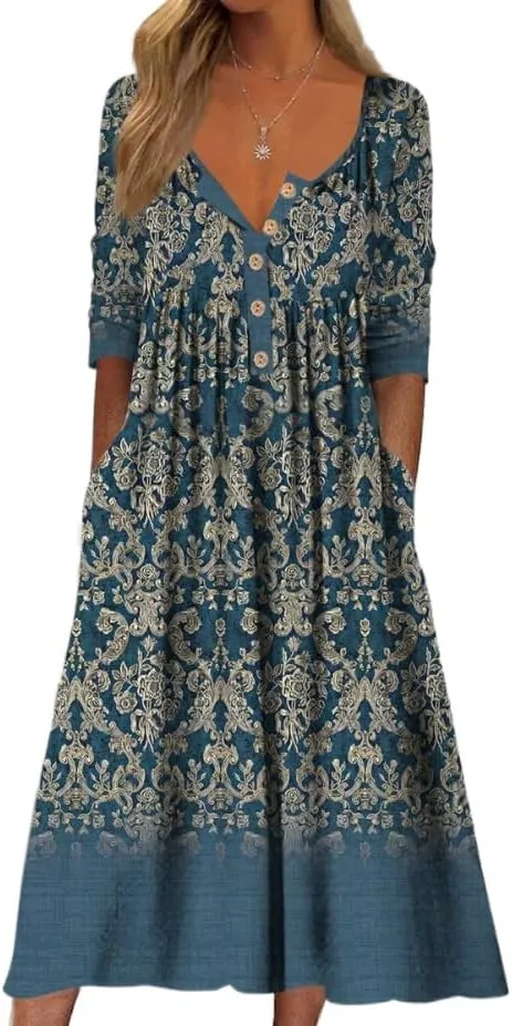 LOAIHA Women's Short Sleeve Boho Floral Print Maxi Dress Summer V Neck Casual Loose Dress with Pockets