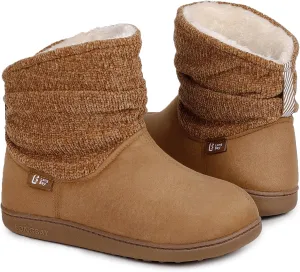 LongBay Women's Warm Chenille Knit Bootie Slippers Memory Foam Comfy Suede Fluffy Faux Fur Memory Foam Boots House Shoes