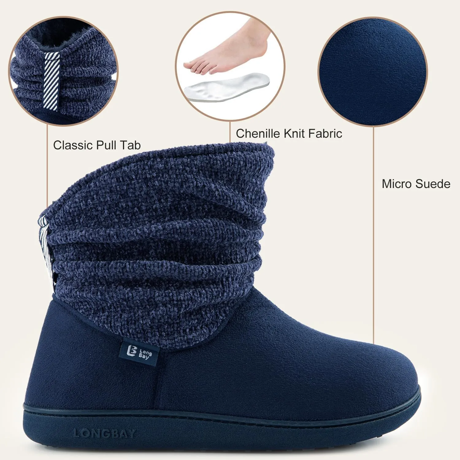 LongBay Women's Warm Chenille Knit Bootie Slippers Memory Foam Comfy Suede Fluffy Faux Fur Memory Foam Boots House Shoes